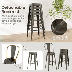 Set of 4 Stackable Metal Bar Stools in Gun Metal with Removable Backs, 30 Inch Seat