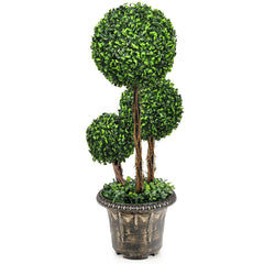 30 Inch Artificial Triple Ball Topiary Tree, UV Resistant PE Boxwood with Pot