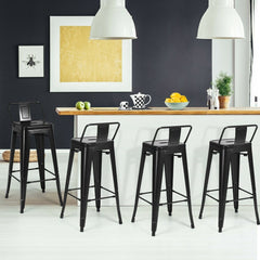 Set of 4 Metal Bar Stools with Detachable Low Back, Black, 30 Inch Seat Height, Stackable