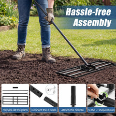 30 x 10 Inch Lawn Leveling Rake with Ergonomic Handle-Black