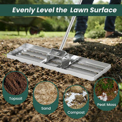 30 x 10 Inch Lawn Leveling Rake with Ergonomic Handle-Silver