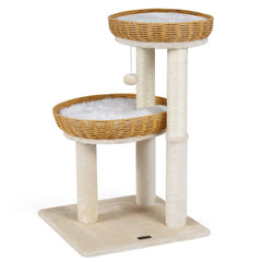 30 Inch Cat Tower with 2 Hand Woven Rattan Baskets, Sisal Posts and Washable Cushions, Beige