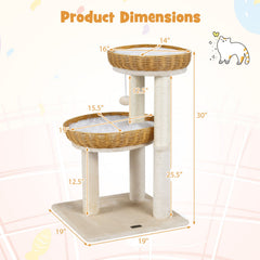 30 Inch Cat Tower with 2 Hand Woven Rattan Baskets, Sisal Posts and Washable Cushions, Beige