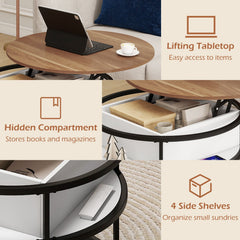 31.5 Inch Round Lift Top Coffee Table with Hidden Compartment and Side Shelves-Teak