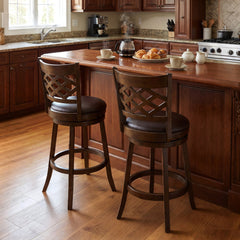 Set of 2 Lattice Back Swivel Bar Stools in Walnut with 20 Inch Seat, 31 Inch Seat Height
