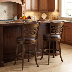 Set of 2 Lattice Back Swivel Bar Stools in Walnut with 20 Inch Seat, 31 Inch Seat Height