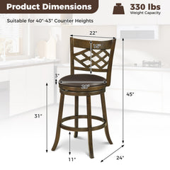 Set of 2 Lattice Back Swivel Bar Stools in Walnut with 20 Inch Seat, 31 Inch Seat Height