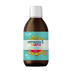 Genuine Health Omega3+ Kids + D3, 150ml bottle, 718mg of EPA, 448mg of DHA, 600IU Vitamin D3, Made with Lutein, Supports children's eye, brain and nerve development, Cherry flavoured liquid, Wild-caught