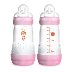 MAM 9oz Easy Start Anti-Colic+ Wide Neck Vented Baby Bottle, Medium Flow Breastfeeding-Like Nipple, Reduces Colic Gas & Reflux, Easy To Clean, BPA Free, 2+ Months, Made In Europe, 2 Pack, Girl