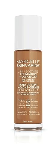 Marcelle Skincaring 2-in-1 Soothing Foundation + Concealer, Sun Tan, with Hyaluronic Acid, Medium Coverage, Matte Finish, Oil-Free, Cruelty-Free, Fragrance-Free, Hypoallergenic, 30 mL