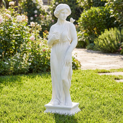 31.5 Inch Outdoor Greek Goddess Statue with Antique Finish and Column Base-White