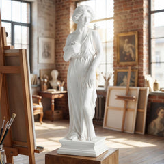 31.5 Inch Outdoor Greek Goddess Statue with Antique Finish and Column Base-White