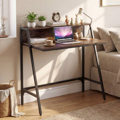31.5 inches Industrial Desk with Raised Shelf Metal Frame-Rustic Brown