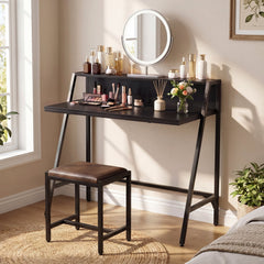 31.5 inches Industrial Desk with Raised Shelf Metal Frame-Black