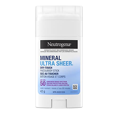 Neutrogena Mineral Ultra Sheer Dry-Touch Sunscreen Stick SPF 50 with Zinc Oxide & Moisturizing Vitamin E – Broad Spectrum Face & Body Protection, Water Resistant 80 Min, No White Residue – 42g