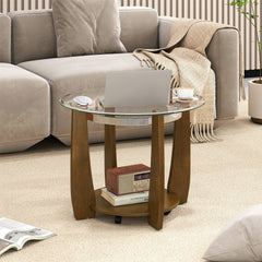 32 inches 2-Tier Glass Round Coffee Table with Storage Shelf-Walnut