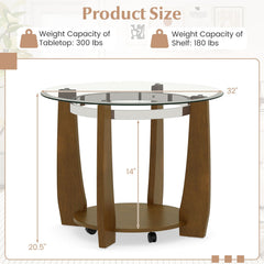 32 inches 2-Tier Glass Round Coffee Table with Storage Shelf-Walnut