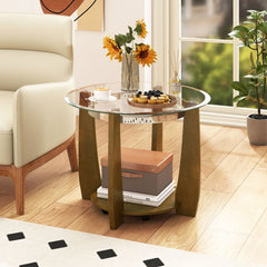 32 inches 2-Tier Glass Round Coffee Table with Storage Shelf-Walnut