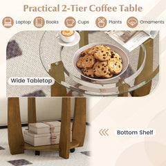 32 inches 2-Tier Glass Round Coffee Table with Storage Shelf-Walnut