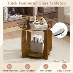32 inches 2-Tier Glass Round Coffee Table with Storage Shelf-Walnut