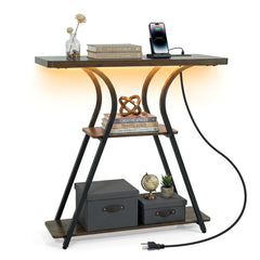 32 Inch Narrow Long Entryway Table with Power Outlets and LED Lights-Brown