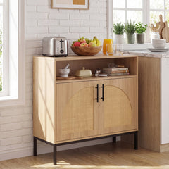 32 inches Sideboard Buffet Cabinet with 2 Natural Rattan Decorated Doors and Adjustable Shelf-Natural