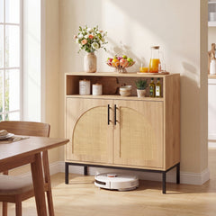 32 inches Sideboard Buffet Cabinet with 2 Natural Rattan Decorated Doors and Adjustable Shelf-Natural