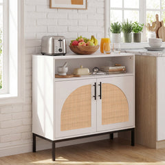 32 inches Sideboard Buffet Cabinet with 2 Natural Rattan Decorated Doors and Adjustable Shelf-White