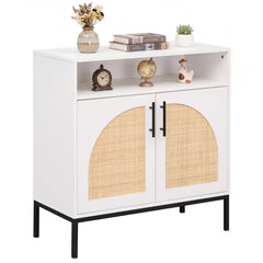 32 inches Sideboard Buffet Cabinet with 2 Natural Rattan Decorated Doors and Adjustable Shelf-White
