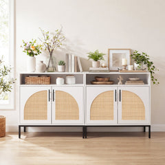 32 inches Sideboard Buffet Cabinet with 2 Natural Rattan Decorated Doors and Adjustable Shelf-White