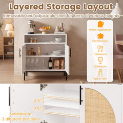 32 inches Sideboard Buffet Cabinet with 2 Natural Rattan Decorated Doors and Adjustable Shelf-White