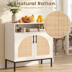 32 inches Sideboard Buffet Cabinet with 2 Natural Rattan Decorated Doors and Adjustable Shelf-White