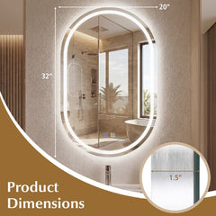 32x20 inches Oval LED Bathroom Mirror with Front & Backlight 3 Colors Stepless Dimming-Silver
