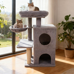 33.5 Inch Light Gray Cat Tower with 2 Tier Condo, Hanging Basket and Padded Perch