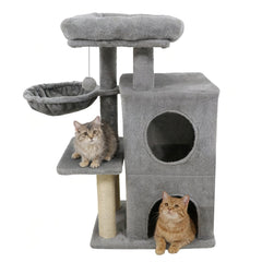 33.5 Inch Light Gray Cat Tower with 2 Tier Condo, Hanging Basket and Padded Perch