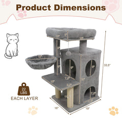 33.5 Inch Light Gray Cat Tower with 2 Tier Condo, Hanging Basket and Padded Perch