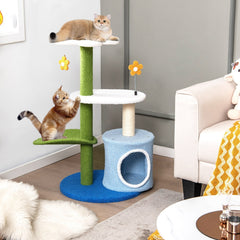 34.5 Inch 4 Tier Flower Cat Tree with Condo, Leaf Perch and Jingling Balls, Blue and Green