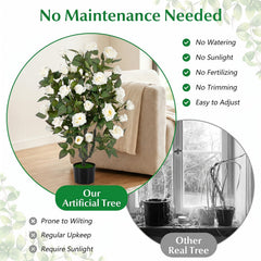 35.5 inches Artificial Rose Tree with Blooming Flowers and Green Leaves for Indoor-White