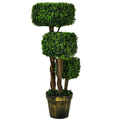 36 Inch Artificial Boxwood Topiary Tree, Three Square Clipped Forms in One Pot