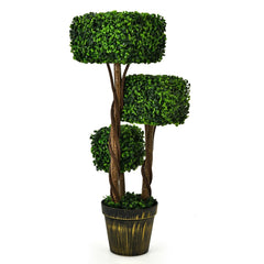 36 Inch Artificial Boxwood Topiary Tree, Three Square Clipped Forms in One Pot