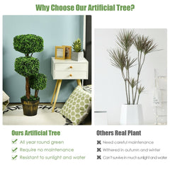 36 Inch Artificial Boxwood Topiary Tree, Three Square Clipped Forms in One Pot