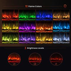 36 Inch Recessed Electric Fireplace Heater with Adjustable Flame Colors & Brightness