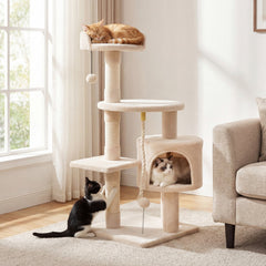 36 Inch Kitten Tower with Large Condo, Raised Edge Top Perch and 3 Sisal Posts, Beige