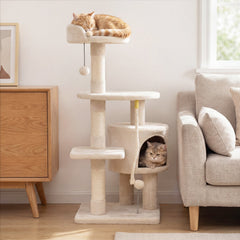 36 Inch Kitten Tower with Large Condo, Raised Edge Top Perch and 3 Sisal Posts, Beige