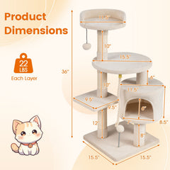 36 Inch Kitten Tower with Large Condo, Raised Edge Top Perch and 3 Sisal Posts, Beige