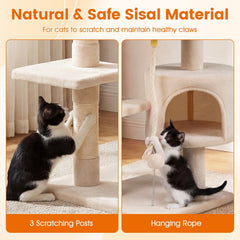 36 Inch Kitten Tower with Large Condo, Raised Edge Top Perch and 3 Sisal Posts, Beige