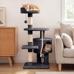 36 Inch Dark Gray Cat Tower with Condo, Three Sisal Posts and Hanging Rope