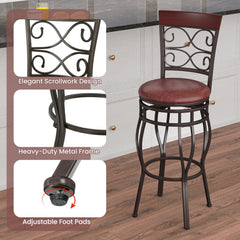 Set of 2 Scrollwork Metal Swivel Bar Stools, Rustic Brown PU Seat, 30 Inch Seat Height