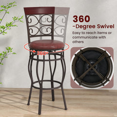 Set of 2 Scrollwork Metal Swivel Bar Stools, Rustic Brown PU Seat, 30 Inch Seat Height
