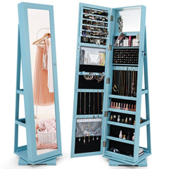 360° Rotatable 2-in-1 Lockable Jewelry Cabinet with Full-Length Mirror-Blue